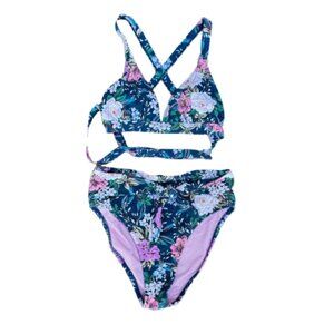 Jessica Simpson Bikini Swimsuit Small Teal Floral High-Waisted Removal Pads